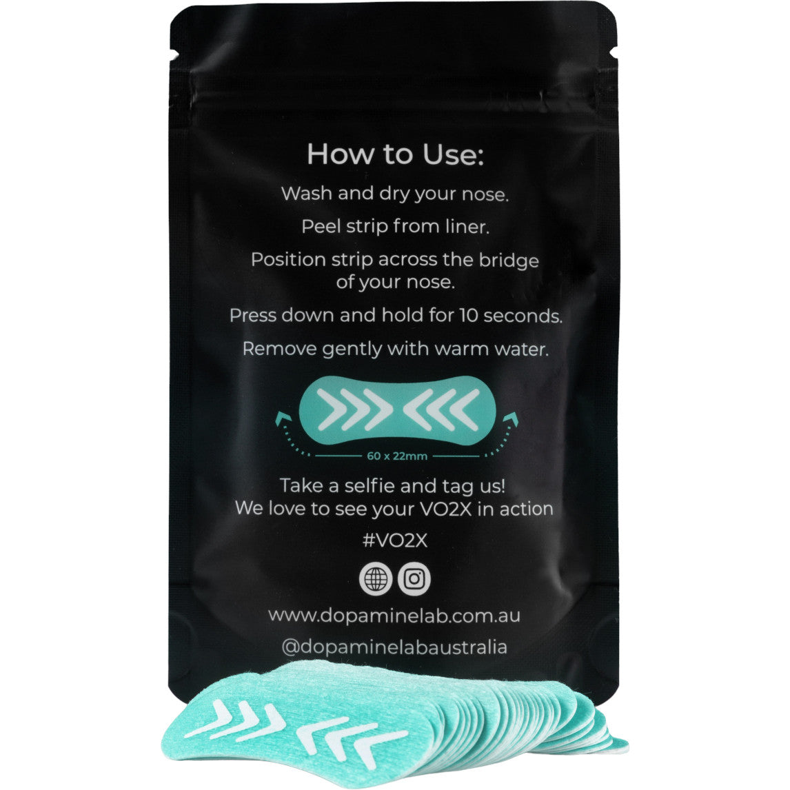 A black resealable pouch with white 'How to Use' text and a teal nose-peel strip graphic, shown on a white background with several teal peeling strips placed in front.