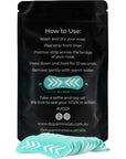 A black resealable pouch with white 'How to Use' text and a teal nose-peel strip graphic, shown on a white background with several teal peeling strips placed in front.