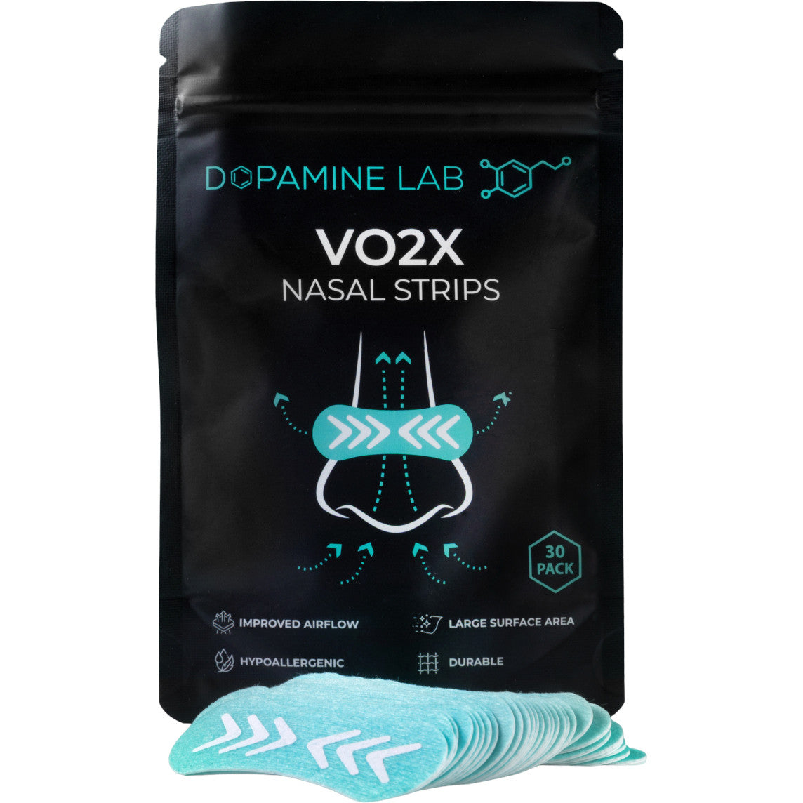 A black stand-up pouch labeled 'Dopamine Lab VO2X Nasal Strips' with a stack of light blue nasal strips placed in front on a white background.