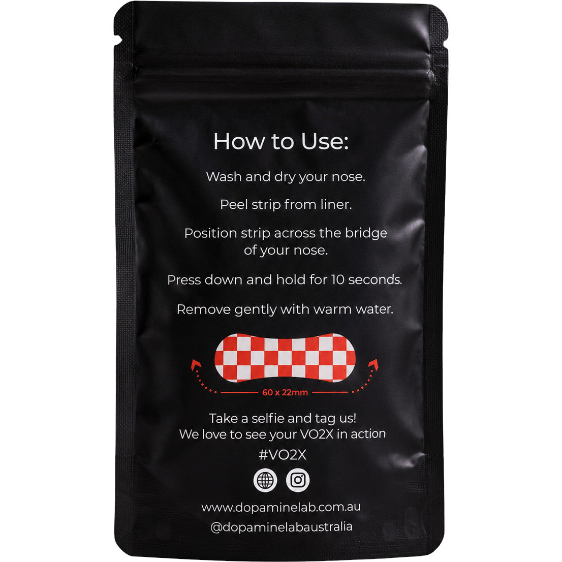 A black resealable pouch with printed instructions on how to use a red-and-white checkered nose strip, shown on a plain white background.