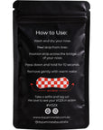 A black resealable pouch with printed instructions on how to use a red-and-white checkered nose strip, shown on a plain white background.
