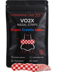 A black stand-up pouch labeled 'Dopamine Lab VO2X Nasal Strips Projekt Croatia Edition' with a stack of red-and-white checkered nasal strips displayed in front on a white background.