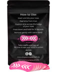 A black resealable pouch with white text showing how to use a pink and white nose strip, with several pink and white strips stacked in front on a white background.