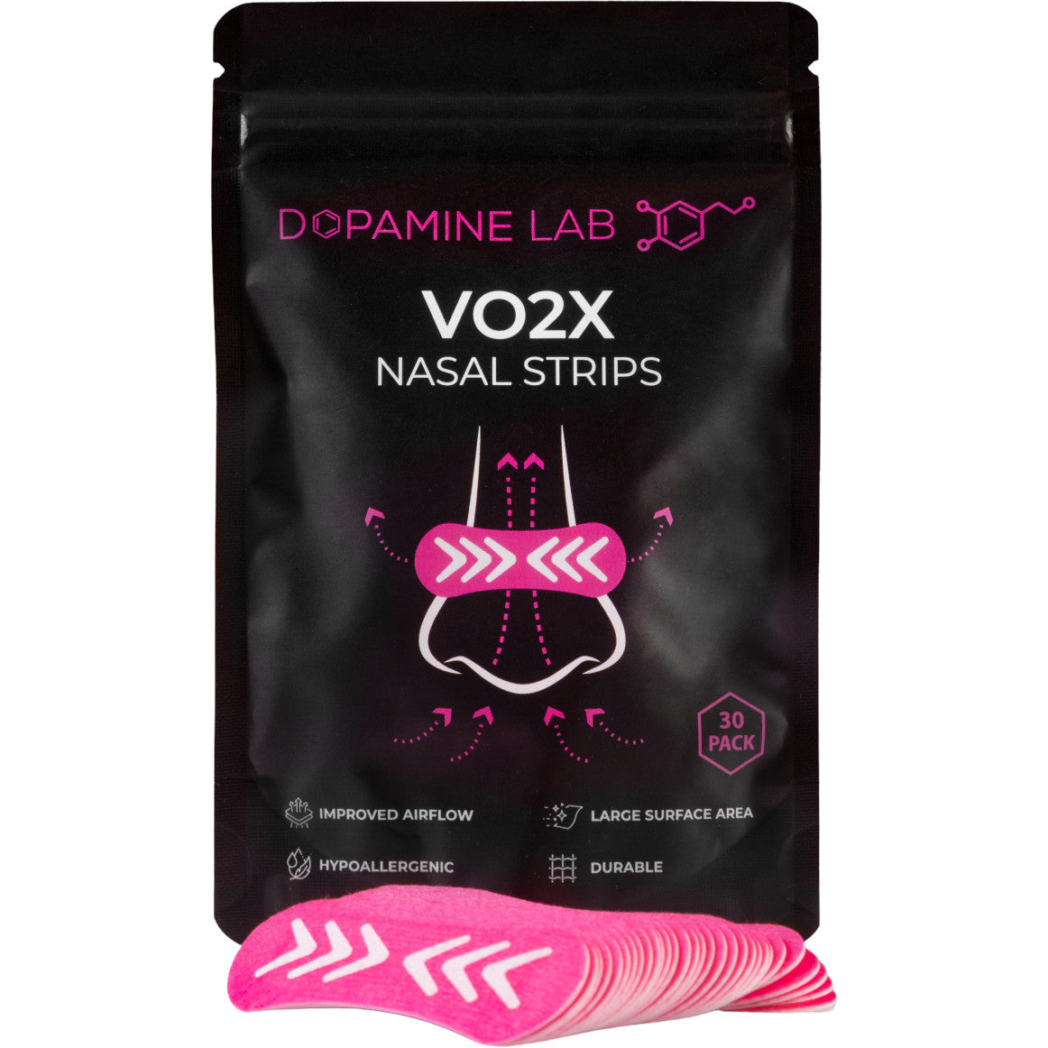 A black stand-up pouch of Dopamine Lab VO2X Nasal Strips with a stack of bright pink nasal strips displayed in front on a white background.