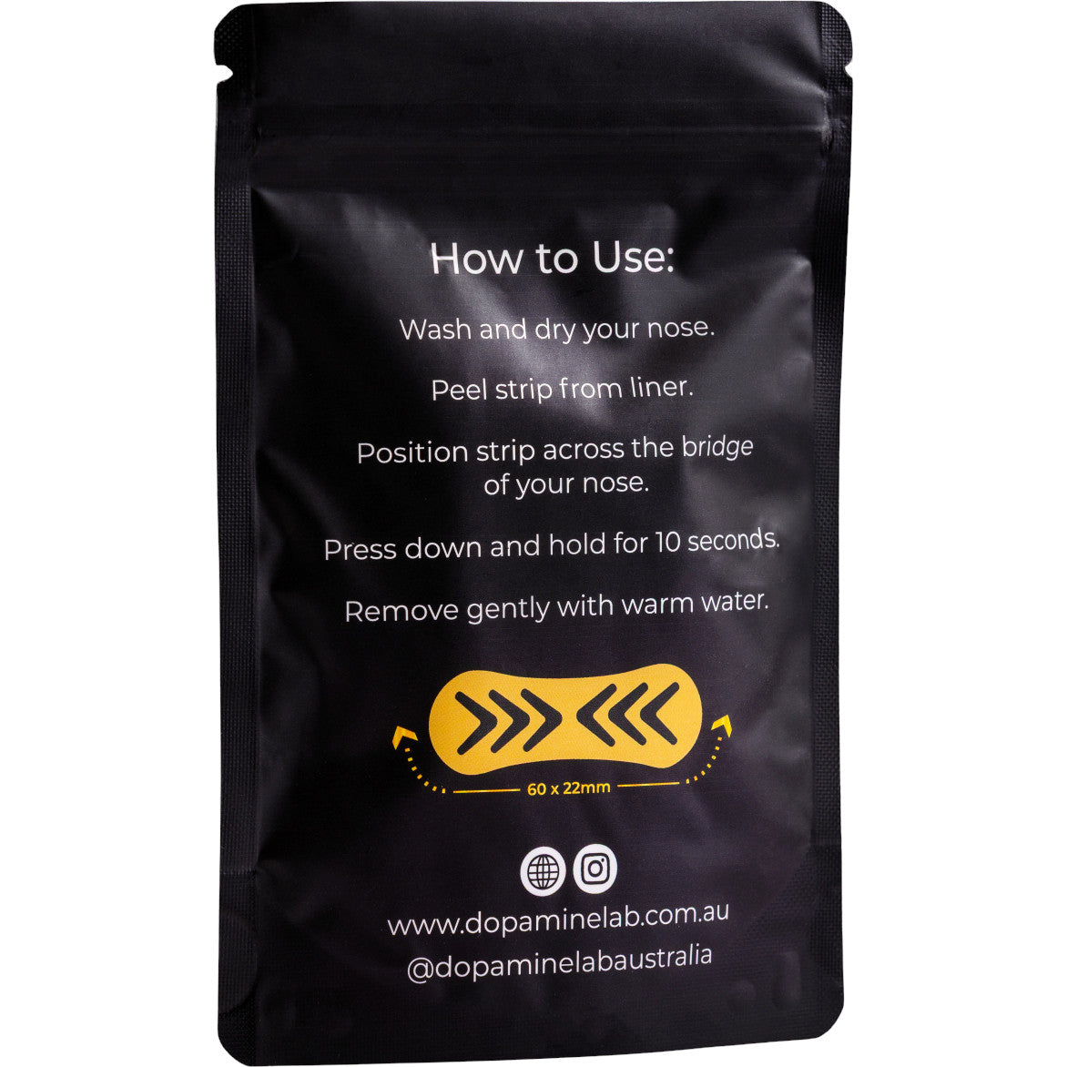 A black resealable pouch with white instructional text and a yellow graphic showing how to use a nasal strip, photographed on a plain white background.