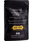 A black resealable pouch with white instructional text and a yellow graphic showing how to use a nasal strip, photographed on a plain white background.