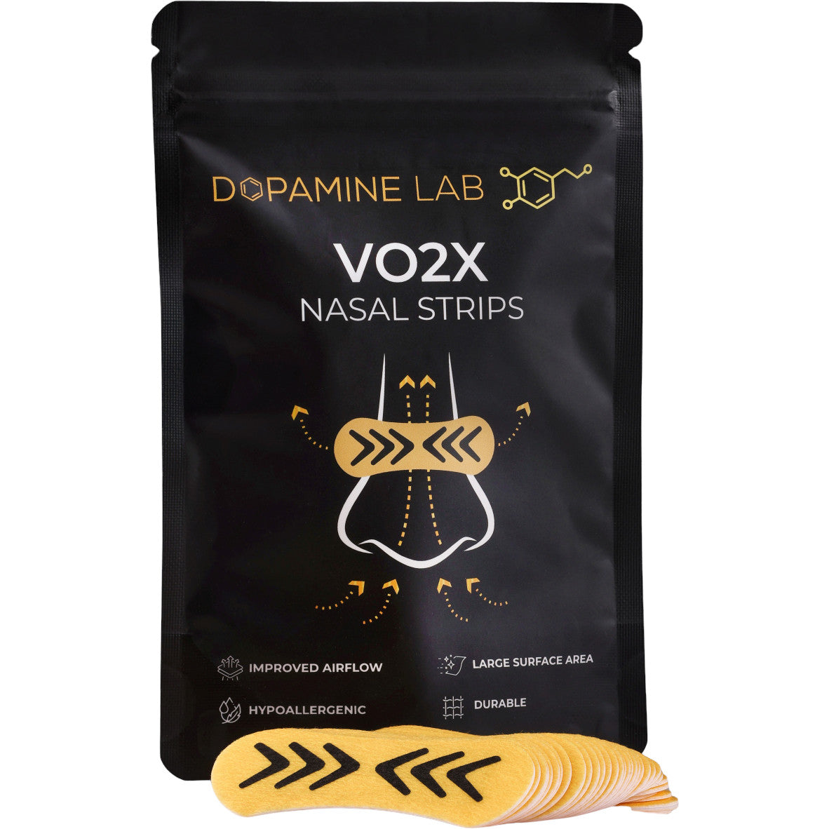 A black stand-up pouch of Dopamine Lab VO2X Nasal Strips with a small fan of yellow nasal strips placed in front on a white background.