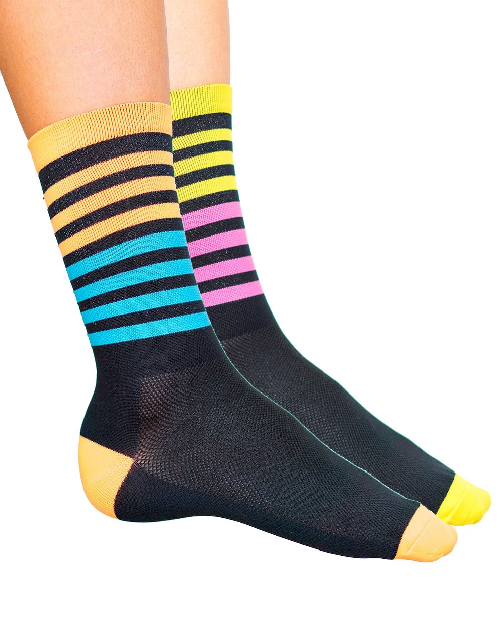 A mix of Night Moves and Bumble Gum cycling socks.  