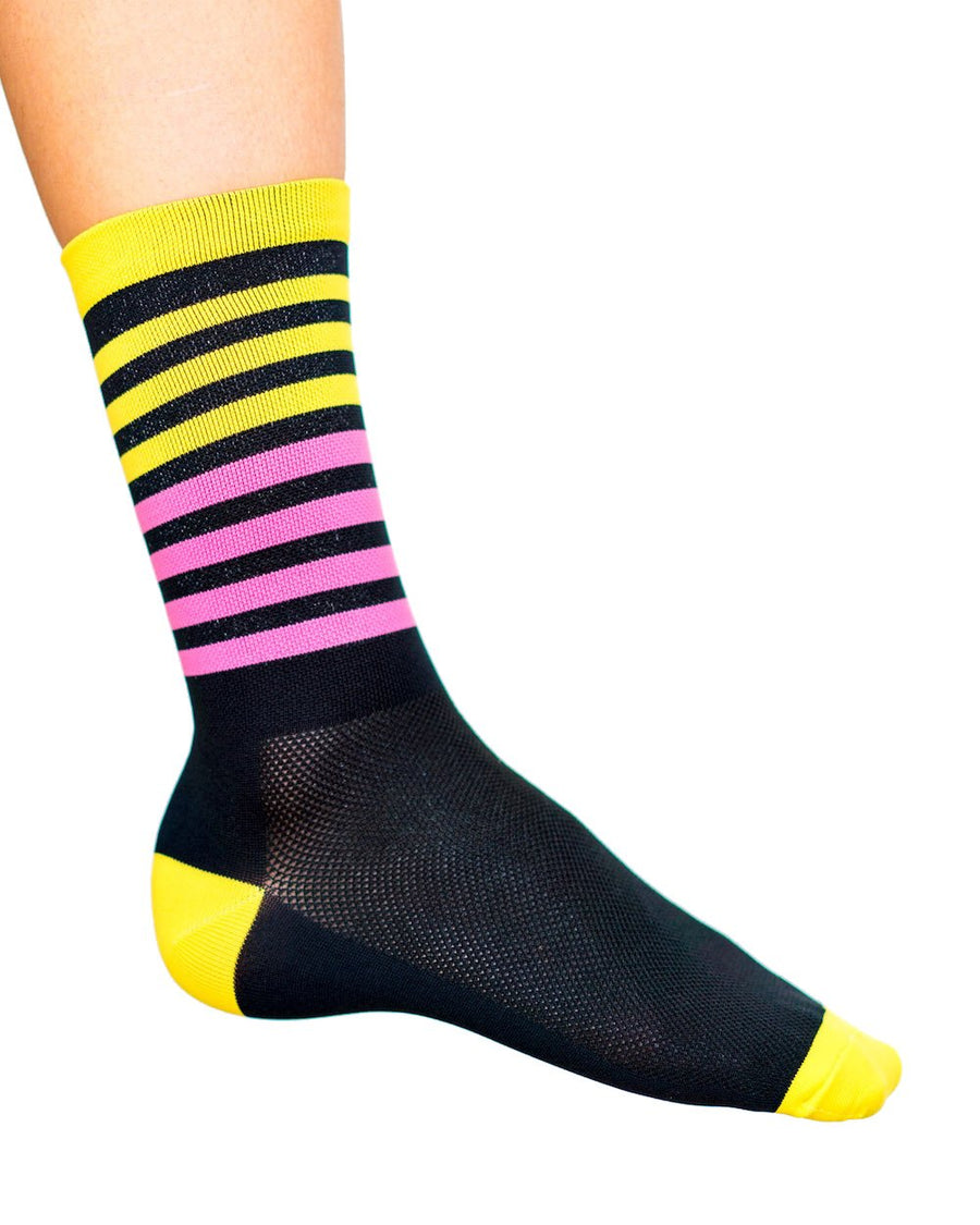Cycling Socks with Bumble bee yellow stripes with gum pink stripes.