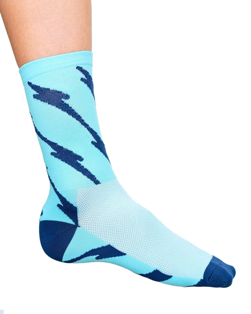 Aqua blue cycling socks with navy blue electric bolts.
