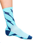 Aqua blue cycling socks with navy blue electric bolts.