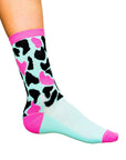 Cyclings socks for women, leopard print socks with pink, aqua spots.