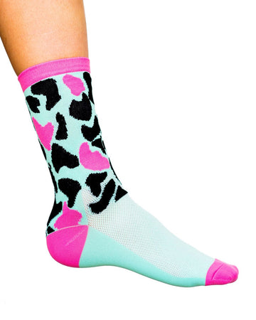 Cyclings socks for women, leopard print socks with pink, aqua spots.