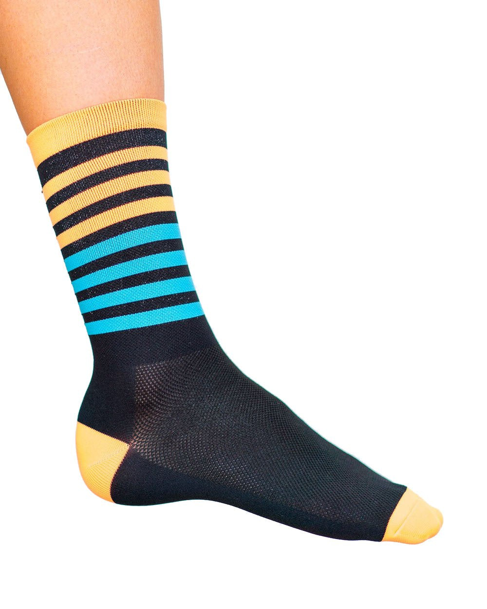 Cosmic Cycling Socks, Neon Orange and Neon Blue stripes.