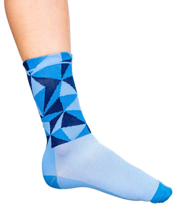Cycling socks with a prism of blue triangles.