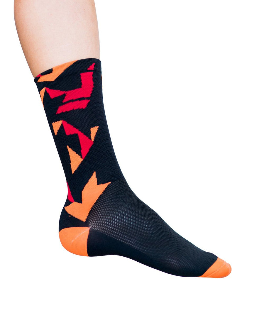 Digital orange and red bird cycling socks.